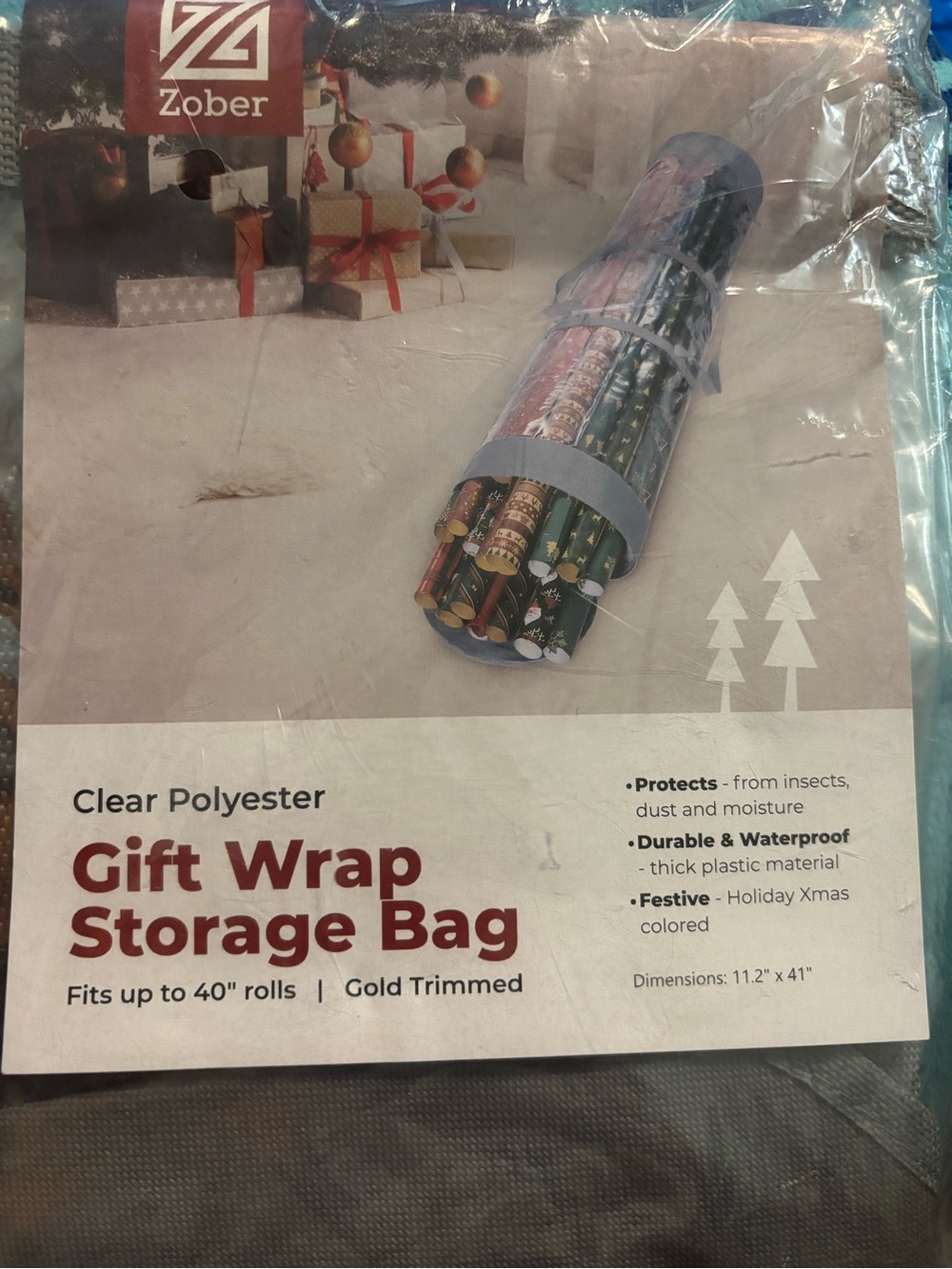 Zober Clear Gift Wrap Storage Bag 40 Inch Wrapping Paper Organizer gold trim